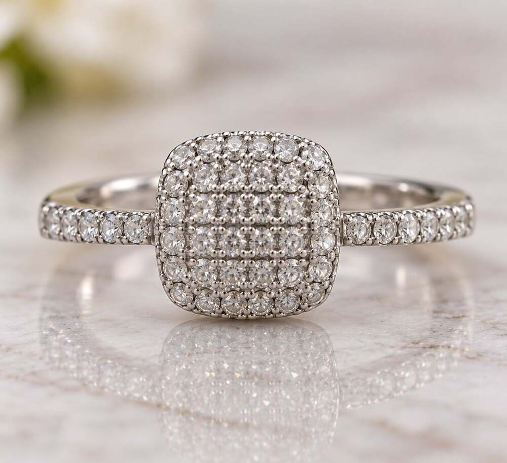 Bella Silver Sterling Silver, Square Pave Diamond Ring - Platinun Bond